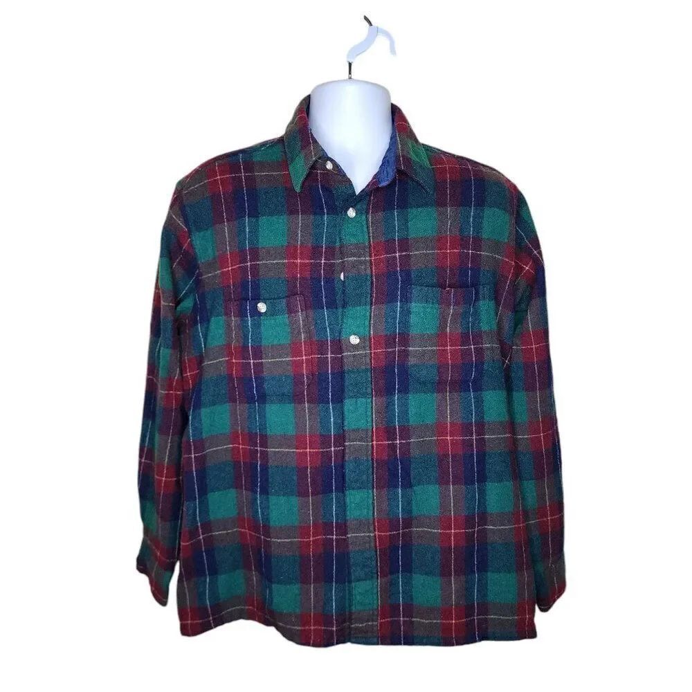 Vintage 80s Wool Plaid Button Up Shirt Mens Size XL Green Shacket